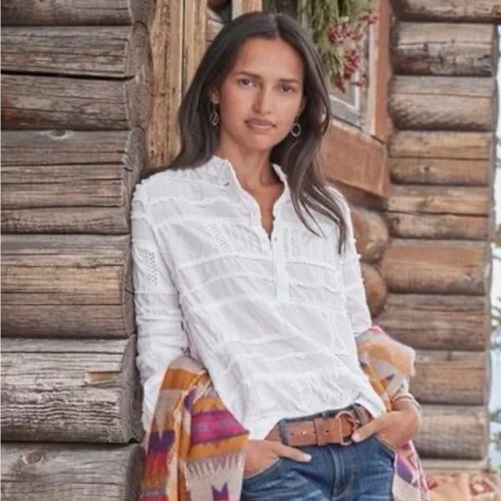 Dylan White Cotton Lace Patchwork Button Down Blo… - image 1